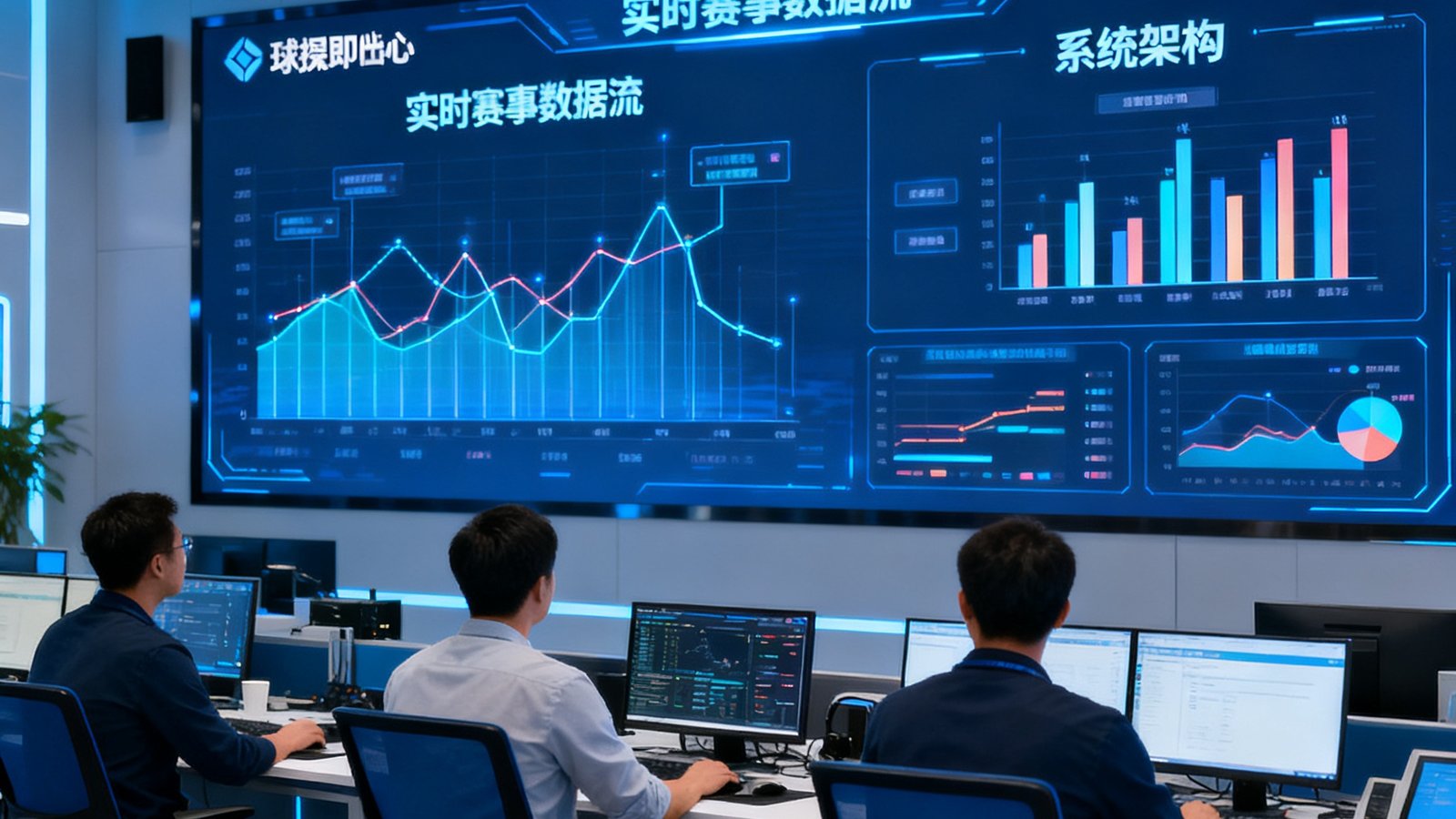 球探即时比分核心团队在现代化数据运营中心，大屏幕显示实时赛事数据流与系统架构。