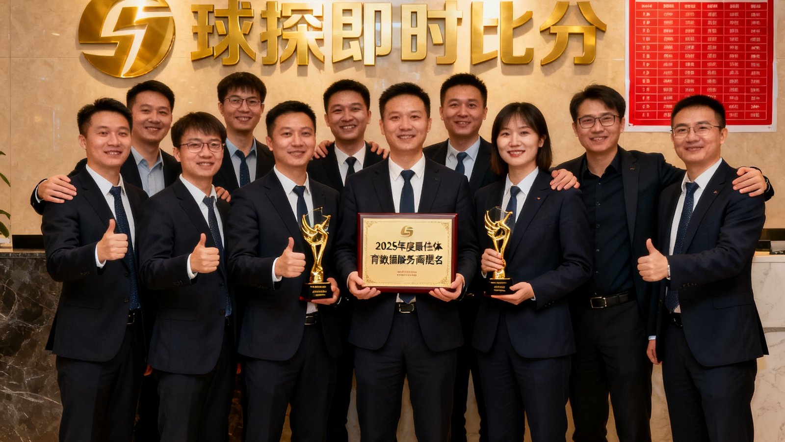 球探即时比分被提名2025年度最佳体育数据服务商，团队合影庆祝。
